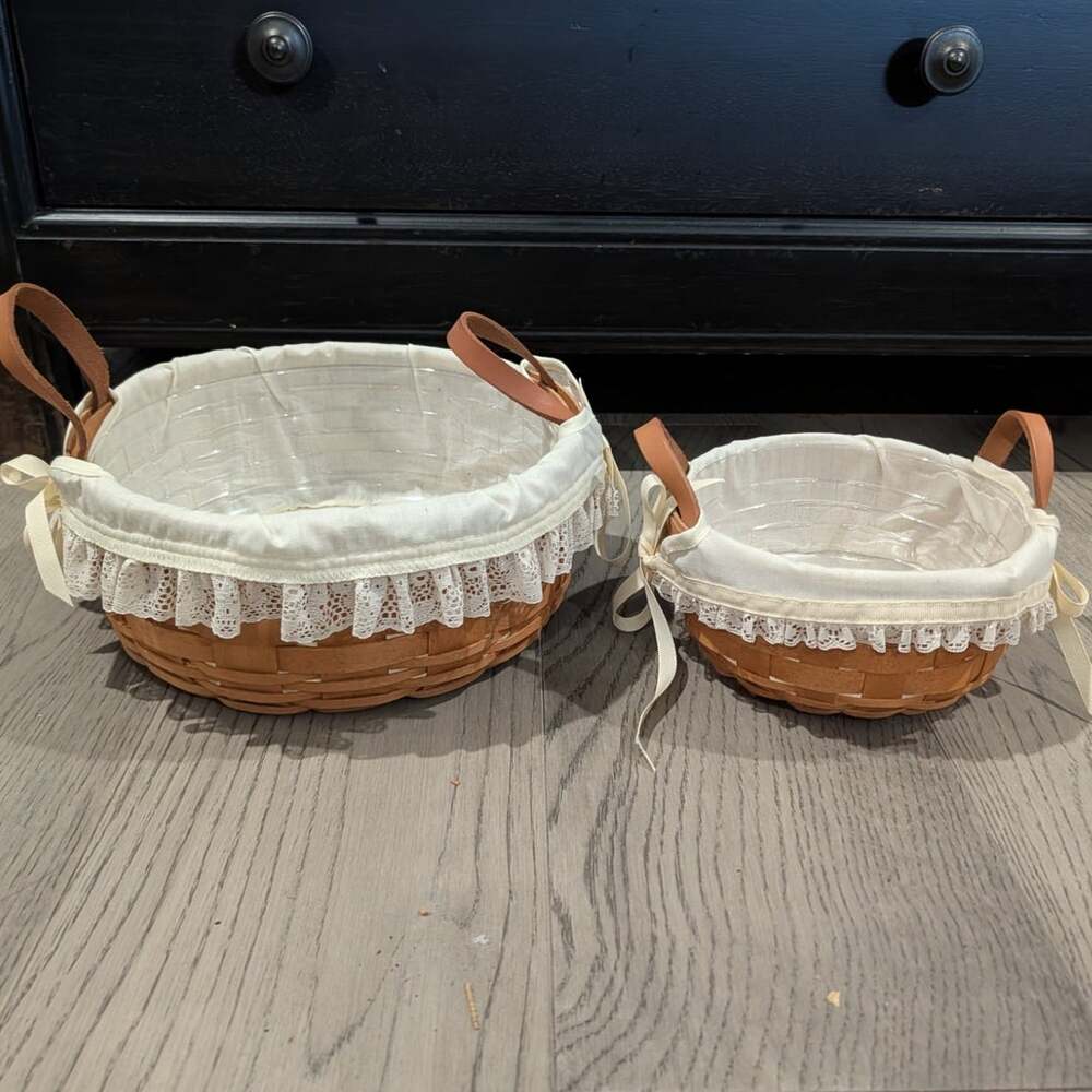 Lot of 2 Vintage Longaberger Round Baskets with Cream Liner 1992 1993 7in, 10 in